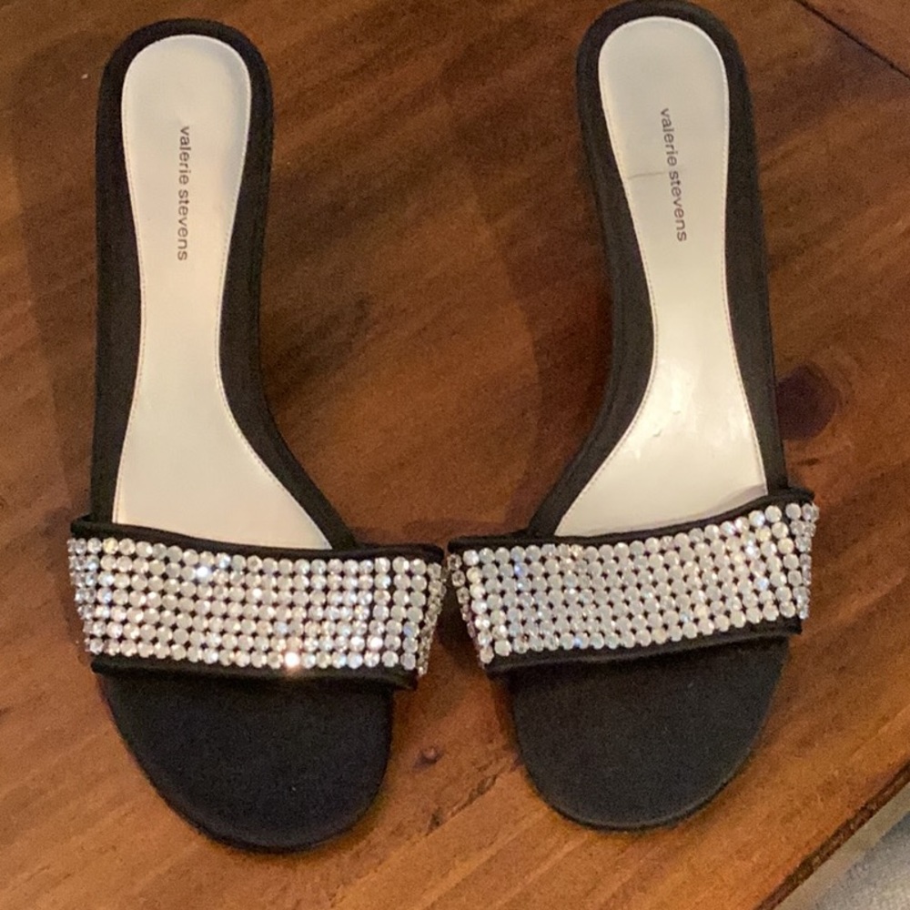 Holiday! Valerie Stevens Black Rhinestone Slide Sandals size 8.5 worn once